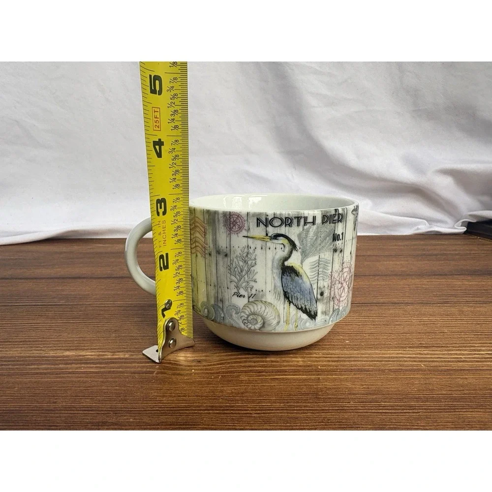 Pier 1 Coastal Nautical Mug Set w Metal Rack Beach Sea Bird Ceramic Cups